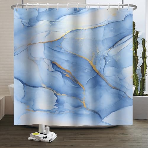 Xiaoterna 180x240cm Rideau de Douche Marbre Blanc Gris Bleu Or Pois Imperméable Polyester Rideau de Salle de Bain Luxe Moderne Esthétique Artistique Lavable Résistant...