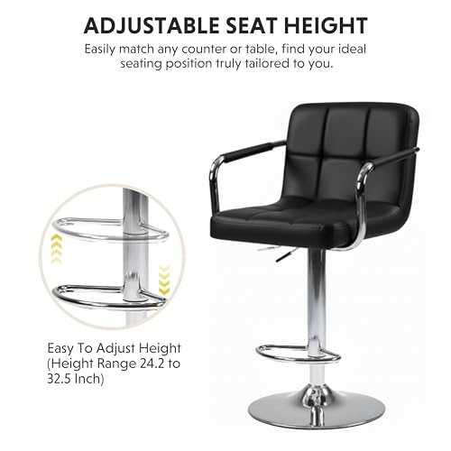 Image of HealSmart Bar Stools Set of 2, Adjustable Swivel Bar Chairs with Cushioned Armrests & Ergonomic Backrest, Water-Resistant PU Leather for Kitchen Island Counter Pub Dining Room, Black