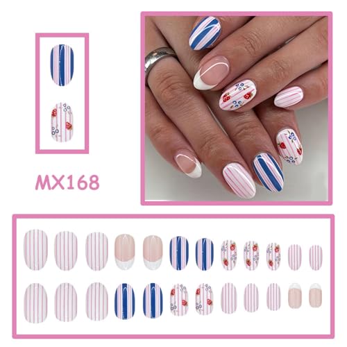 Image of 24Pcs Striped Press on Nails Strawberry Fake Nails Medium Oval False Nail with Blue Pink Design Reusable Glossy Full Cover Summer Stick on Nail for Women Manicure