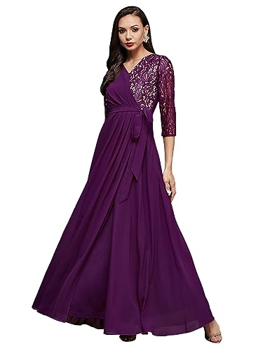 Image of Miss Chase Women's V-Neck Three-Quarter Sleeve Self-Designed Wrap Maxi Georgette Dress