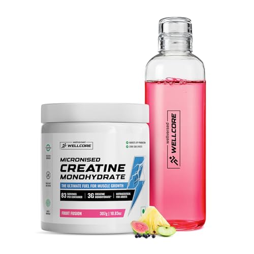 Image of Wellcore Pure Micronised Creatine Powder With Glass Bottle (83 Servings, Fruit Fusion) For Enhanced Muscle Strength With Rapid Absorption | Creatine Monohydrate | Wellcore Creatine Flavoured - 307g