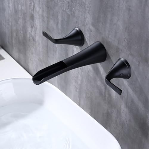 Robinets de lavabo de salle de bains cascade muraux noir double poignée eau chaude