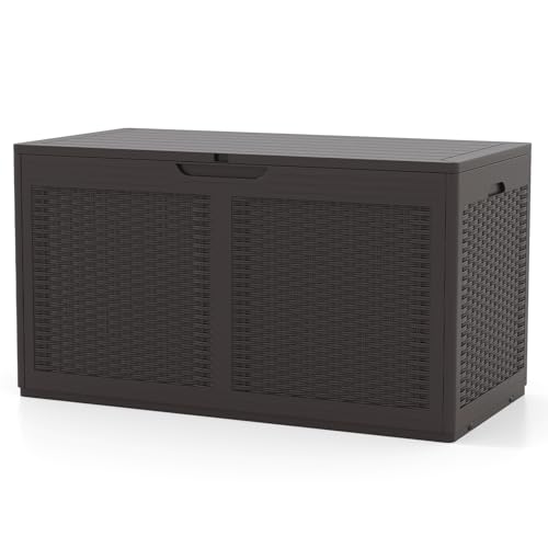 GiantexUK 380L Garden Storage Box, Waterproof Resin Deck Boxes with Lockable Sit-on Lid, Wheels & Gas Strut, Rattan Effect Outdoor Utility Chest Container for Patio Cushions Gardening Tools (Brown)