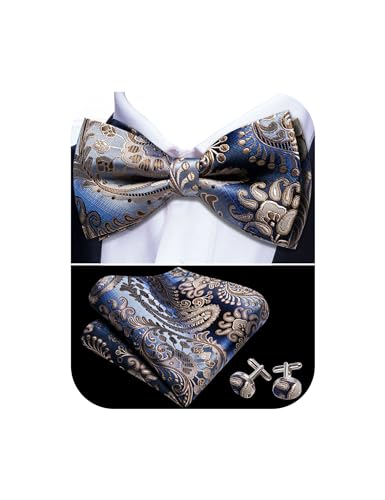 Image of Barry.Wang Paisley Striped Bow Tie for Men Silk Pre-Tied Bowtie Pocket Square Cufflinks Set Formal Wedding Party Prom