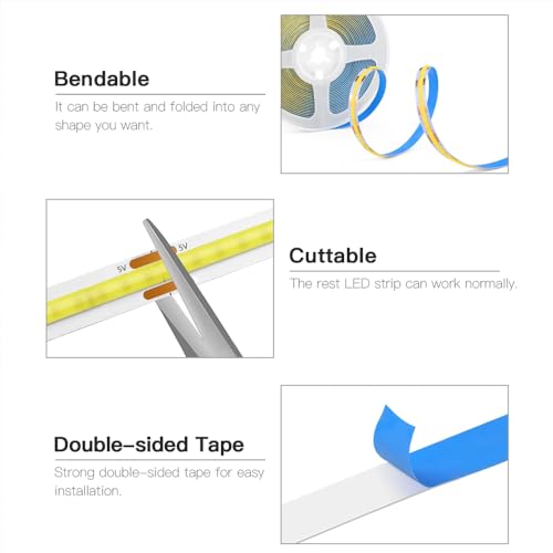 Image of ZSLAIFU A 5V USB LED Light Strip, COB LED Strip Lights, White 5V LED Lights, Small LED Strip Light, TV Lights for TV Under Cabinet Kitchen Living Room Shelving or Displays (White, 3.28ft)