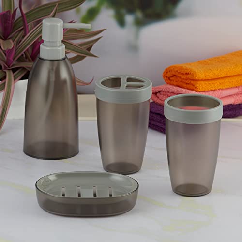 Image of Kookee Acrylic Bathroom Set - Stylish 4 Piece Bath Accessories Kit with Soap Dispenser, Toothbrush Holder, Tumbler & Soap Dish - Modern & Designer Decor for Home & Guest Bathrooms (8663)