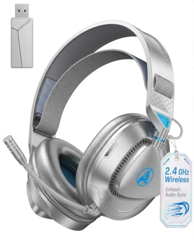 Awinnasey Wireless Gaming Headset for PS5, Noise Cancelling Wireless Headset 7.1 Surround Stereo Sound Matte White