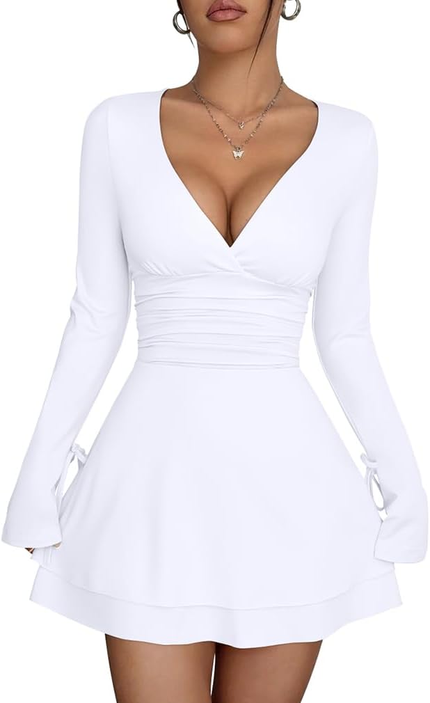 XXTAXN Women's Sexy Wrap V Neck Long Sleeve Flowy Hem A Line Ruched Waist Corest Mini Dress