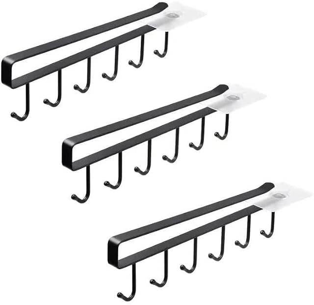 3 Pcs Black 6 Hooks Cup Holder Under Cabinet, Undershelf Mug Storage for Restaurant Coffee Shop Bar Kitchen, with Adhesive Screw