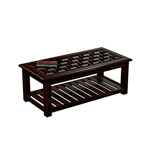 Image of Sheesham Wooden Centre Table with Storage Shelf for Living Room with Glass Top - Solid Wooden Coffee Table - Teapoy Tea Table Sofa Table & Center Table with Storage (Stern Walnut)