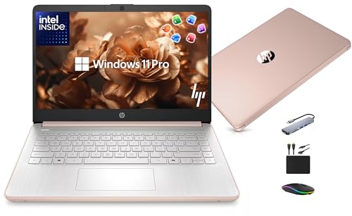 Image of HP 14 inch Laptop Ultra-Portable Computer 2026 Student Business, MS Office, Copilot AI, Intel 4-Core CPU, 4GB RAM, 628GB Storage (128GB UFS+500GB Ext), Long Battery, MaxsolAccessory, Win 11 Pro, Rose Gold