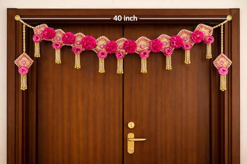 Image of iHandikart, Handmade Decorative Flower Toran, Color - Pink, with Artifical Pink Flower, Square Moti Chudi, Beads, Size - 40x15 Inch, Perfect Used for - Festival Decoration, Home Decor, (IHK-T161)