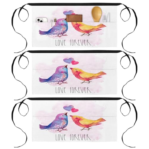 Lot de 3 demi-tabliers de cuisine à motif oiseaux avec 3 poches pratiques