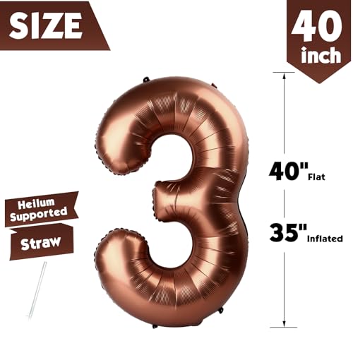 Image of 40 Inch Brown Number 3 Balloon Birthday Party Decorations for Men & Women | 40 Inch Brown inflatable foil number balloons, large birthday decorations for 3rd birthday