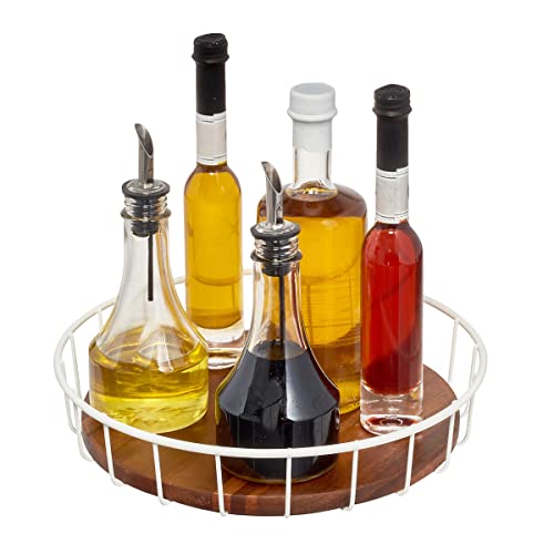 iDesign plateau tournant, organisateur cuisine à bords surélevés en métal et bois d'acacia, rangement placard cuisine pour épices, bouteilles et autres, blanc et couleur nature