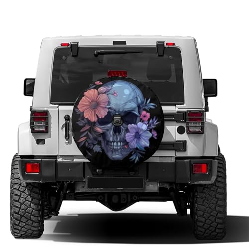 Image of Delerain Spare Tire Cover with Backup Camera Hole Skull with Pastel Flowers Wheel Covers Sun Protection Waterproof for Truck RV Trailer SUV and Many Vehicle (14 Inch for Diameter 23 inch-27 inch)