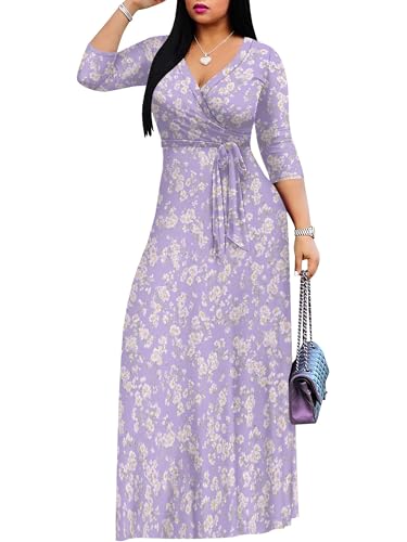 Image of Plus Size Maxi Dress for Women V Neck 3 /4 Sleeve Wrap Dress