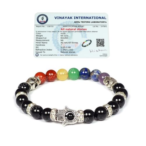 Image of Reiki Crystal Products Certified Natural Crystal Stone 7 Chakra with Hamsa 8 mm Round Beads Bracelet for Men & Women | Reiki Charged Gemstone Bracelet | Multiple Stone Variants Available
