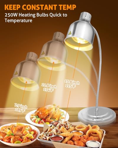 WICHEMI Food Heat Lamp, 250W Commercial Heat Lamp for Food, Adjustable Food Heating Warmer Lamp Stainless Steel Portable Electric Buffet Warmer for Catering Restaurant Parties Buffet Kitchen, Silver