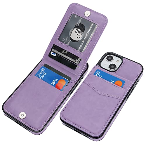 Image of KIHUWEY Compatible with iPhone 13 Case Wallet with Credit Card Holder, Premium Leather Magnetic Clasp Kickstand Heavy Duty Protective Cover for iPhone 13 6.1 inch(Purple)