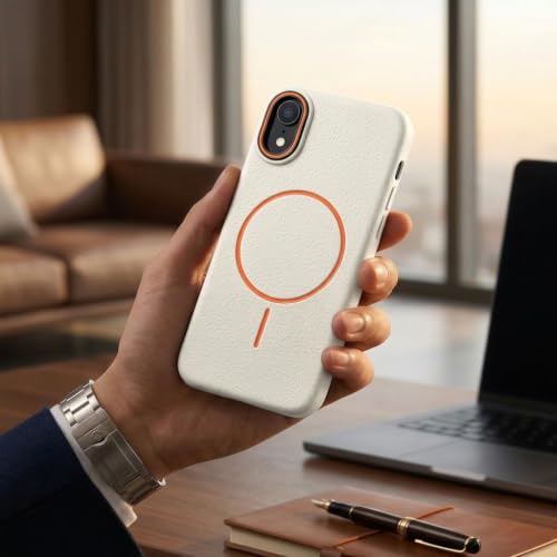 Image of amazon basics Luxury MagSafe Compatible Leather Texture Back Cover for iPhone XR | Raised Camera Protection | Slim Fit Shockproof Case with Metallic Accents (White)