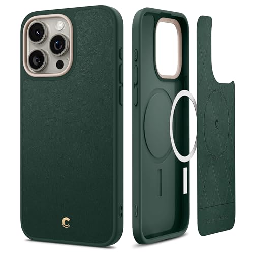 Image of Spigen Cyrill Kajuk Mag | iPhone 15 Pro Max Case | iPhone 15 Pro Max Back Cover | Faux Leather+TPU+PC - Forest Green