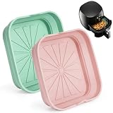 2 Unidades Molde Silicona Freidora de Aire, Bandejas Cuadradas Reutilizables para Airfryer con Asas, Insertos Plegables, Aptos para Lavavajillas, Horno y Microondas, Rosa y Cian