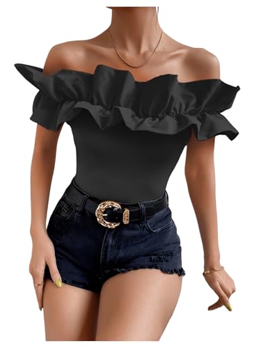 OYOANGLE Women's Ruffle Trim Off Shoulder Short Sleeve Blouse Party Tops Shirt4