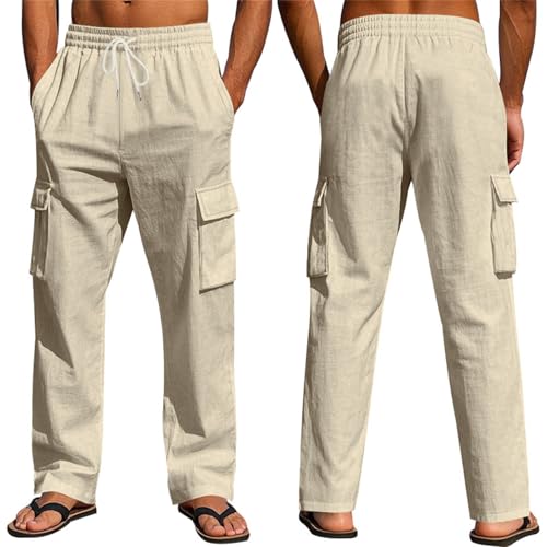 Cargo Linen Pants Men Drawstring Elastic Waist Baggy Summer Pants Lightweight Beach Yoga Lounge Pant with Pockets2