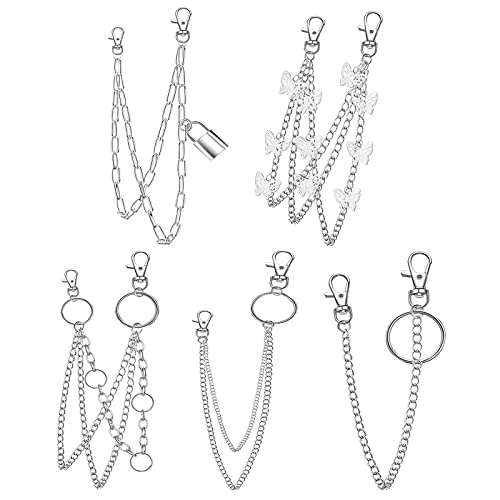 5 Pieces Silver Jeans Pants Chain Belt Goth Grunge Chain Pocket Waist Chain with Star Moon Snake Lock Decorations for Women/Men