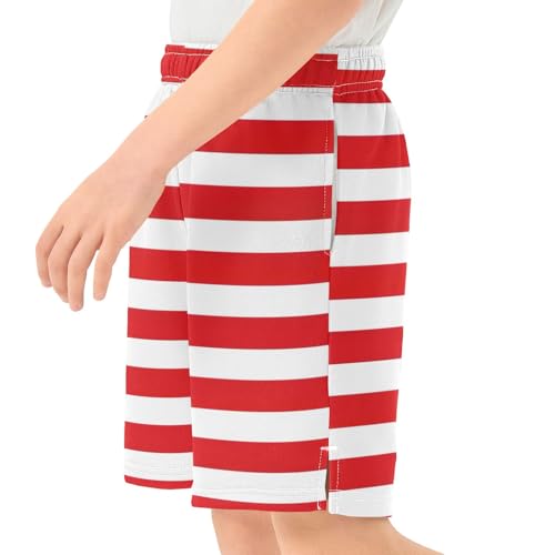 CHIFIGNO Red and White Stripes Youth Boys Outdoor Shorts Boys Everyday Wear Shorts with Pockets XS4