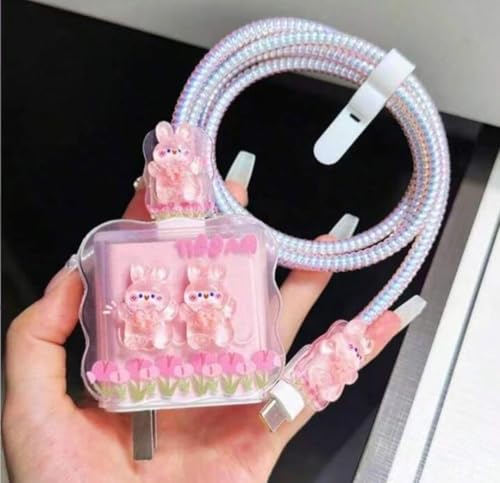 Image of Dezet for iPhone Charger 18-20W Cute Cartoon Charging Cable Protector Set for iPhone Fast Charging USB Cable with Protective Silicone Cover & Organizer Clip Stylish Design (3D WHITE FLOWER)