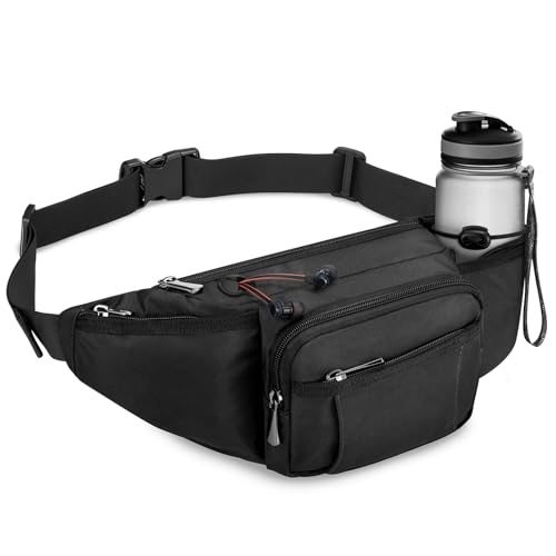 Wiserset Bauchtasche für Herren und Damen, Gürteltasche mit Flaschenhalter Gurt Verstellt Hüfttasche mit 6 Reißverschlusstaschen für Wandern Hundespaziergänge Joggen Radfahren Reisen Laufen, Schwarz
