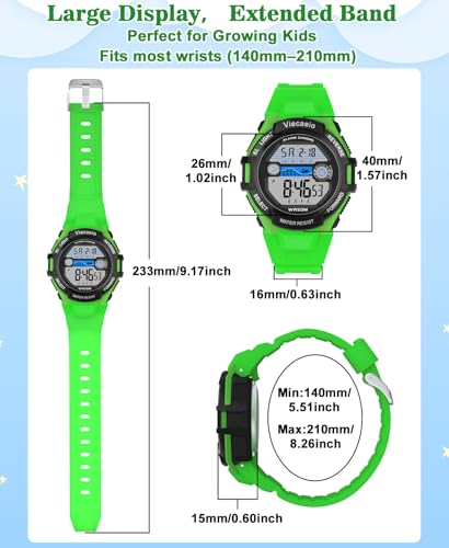 Image of Kids Digital Watch for Boys Girls,2 Interchangeable Silicone Straps, 50M Waterproof & Shockproof Sports Watch with 7-Color LED Backlight, Alarm, Stopwatch, Calendar (Ages 5-18) (Black with Green)