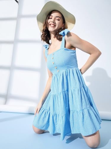 Image of Women's Gingham Checkered Summer Dress | Sleeveless A-Line Mini Dress with Shoulder Tie Straps & Button Front | Casual Picnic, Beach Wear