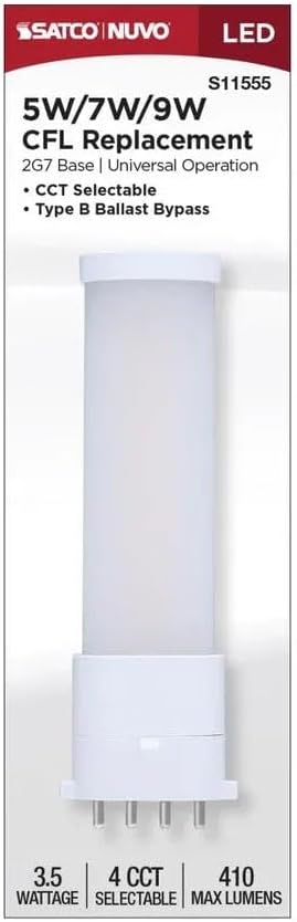 Satco S11555 LED PL Lamp 3.5W Replaces 5W/7W/9W CFL Lamps, 2700K/3000K/3500K/4000K CCT Selectable 2G7 Base Ballast Bypass Type B 120-277V Non-Dimmable (10 Pack)