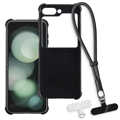 OAGELIM 2-in-1�ی�P�[�X�ƃ��X�g�X�g���b�v Samsung Galaxy Z Flip 5 5G �Ƃ̌݊������� ���O���\�ȃ��j���[�h�t���d�b�J�o�[�A����~�ߕ����h�~�O���b�v�n���h�� (�u���b�N + �u���b�N)