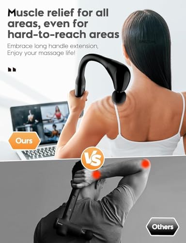 Image of Handheld Deep Tissue Massage Gun with Long Reach Handle | 4 Interchangeable Massage Heads | 6 Speed Levels & 3 Massage Modes | Cordless Rechargeable Percussion Massager for Neck, Back, Shoulders, Legs & Feet