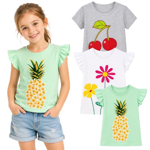 Image of Girls Graphic T Shirts 3 Pack 100% Cotton Short Sleeve Tees for Toddler Little Big Girls Cute Printed Casual Summer Tops