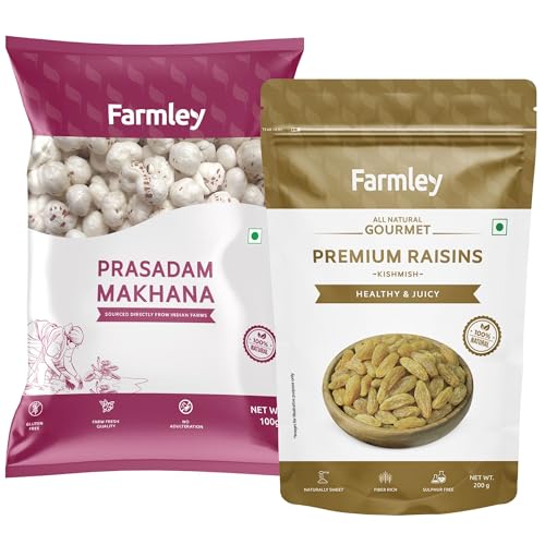 Image of Farmley Prasadam Makhana Fox Nuts 100 g Big Size Phool Makhana Indian SnacksFarmley Premium Raisins- 200g Kishmish Dry fruit Healthy snacks Ready to eat Vegan Gluten free Non Gmo Trans fat free