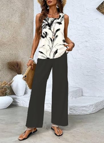 Women's 2 Piece Outfits Green Sleeveless Double Layer Top and Leaf Print Wide Leg Pants Lounge Sets 2025 Summer Trendy2