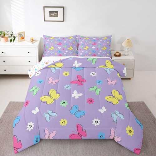Image of Erosebridal Kids Cute Butterflies Comforter for Kids Boys Girls,Colorful Cartoon Floral Toddler Bedding Set,Kawaii Garden Wildlife Duvet Insert,Cottagecore Quilt Bedroom Decor