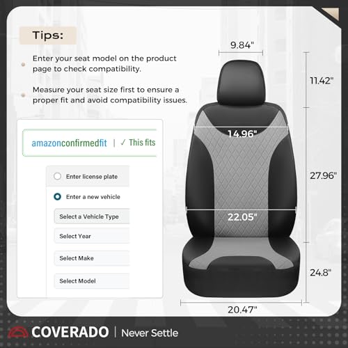 Image of Coverado Front Seat Covers, 2 PCS Waterproof Seat Covers for Cars, Leather Driver Seat Covers, Front Car Seat Protectors Automotive Seat Cushions Universal Fit for Most Cars, Black & Gray