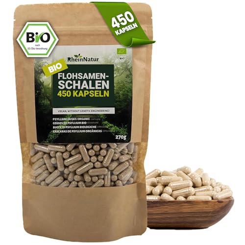 RheinNatur Bio Flohsamenschalen Kapseln - 450 Stk hochdosiert (3.000 mg je Portion) - Hergestellt in DE - Psyllium Husk Ballaststoffe Flohsamen Kapseln