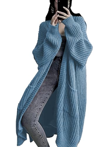 Womens Long Sleeve Cardigan Sweaters Open Front Knit Long Cardigans Duster with Pockets 2024 Fall Winter Oversized Coat (US Alpha Medium Regular Regular Blue)