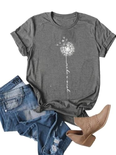 Image of MaQiYa Womens Cute Make A Wish Dandelion Printed Tee Shirts Summer Cotton Vintage Graphic Tees Tops - Grey - Small