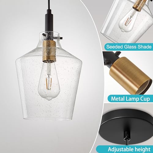 Image of Seeded Glass Pendant Lighting for Kitchen Island 1 Pack Black Gold 8 Inch | Adjustable cord Dimmable, E26 bulbs, Rust-resistant Damp Rated For Bathrooms, 5-Year Manufacturer Warranty, UL Certification