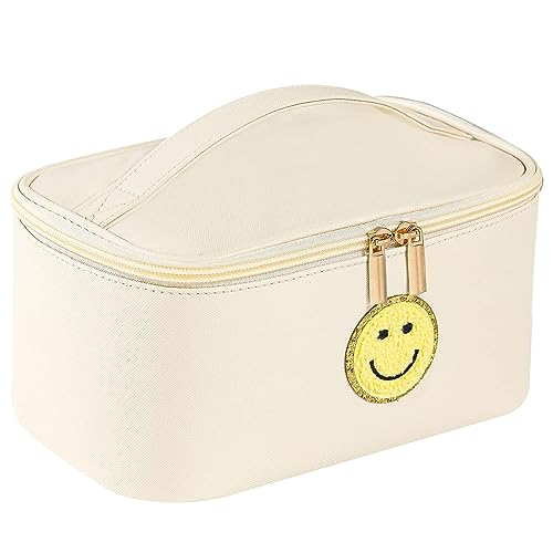 Image of WALONER Preppy Patch Makeup Bag Leather Cosmetic Bag Large Makeup Pouch, Portable Waterproof Travel Toiletry Organizer,Toiletry Bag for Women Girls Gifts (White)