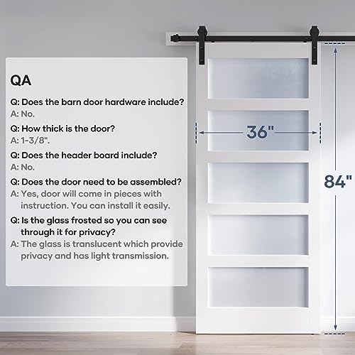 ROYMELO 36x84 Inch Glass Sliding Barn Door Only, 5-Panel Frosted Glass, LVL Wood Panel Covered with White Water-Proof Scratch-Proof PVC Surface, Easy to Clean, Simple DIY Assembly
