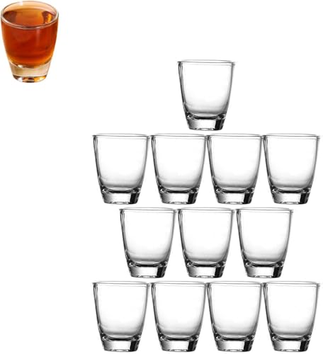 ACTIUSIS Juego de 12 vasos de chupito pequeños de cristal, 35 ml/3 cl de cristal transparente con fondo grueso, vasos transparentes, para reuniones de vacaciones, bares familiares